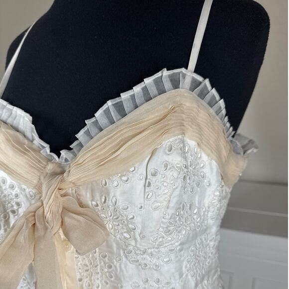 ECI New York 100% Silk Ivory Eyelet Ruffle Mini Spaghetti Strap Dress Size 10 - Picture 3 of 16
